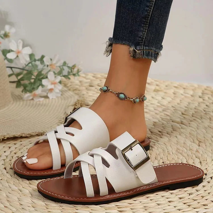 Casual Plain Quilted Cross Strappy Buckle Round Toe Slippers