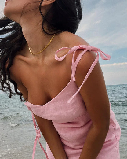 Pink sexy cotton and linen V-neck suspender slim dress