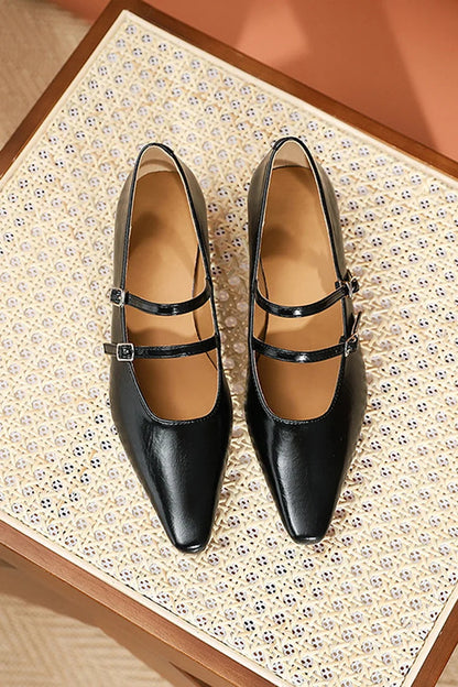 Two Instep Straps Buckles Pointed Toe Solid Color Flats