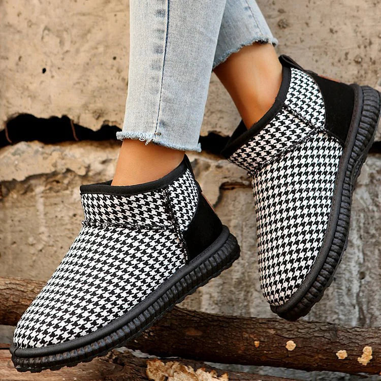 Houndstooth Pattern Patchwork Round Toe Snow Boots