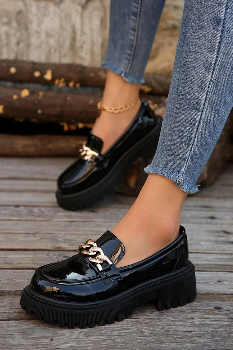 Metal Chain Decor Round Toe Chunky Heel Casual Loafers