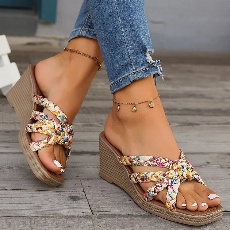 Floral Print Woven Strap Knotted Square Toe Wedge Slippers