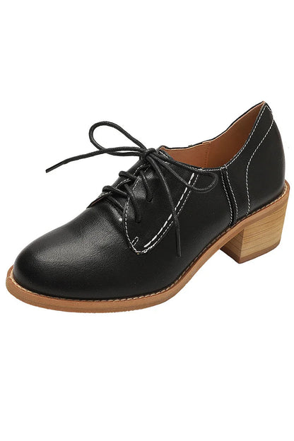 Stitch Detail Round Toe Lace Up Chunky Heel Oxfords