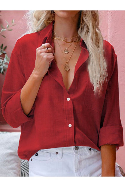 Solid Shirt Collar Long Sleeve Comfy Blouse