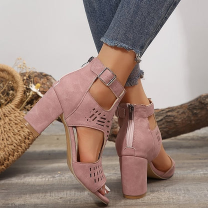 Hollow Out Ankle Strap Peep Toe Buckle Plain Chunky Heels