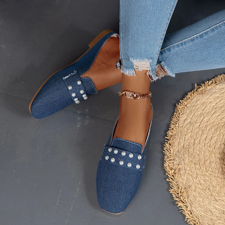 Pearl Beads Decor Solid Color Square Toe Canvas Mules