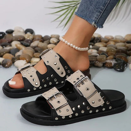 Studded Buckle Instep Belt Color Block Patchwork Slippers