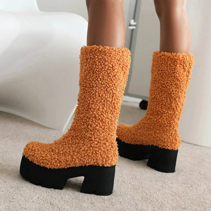 Round Toe Chunky Heel Faux Fur Pull On Platform Mid Calf Boots