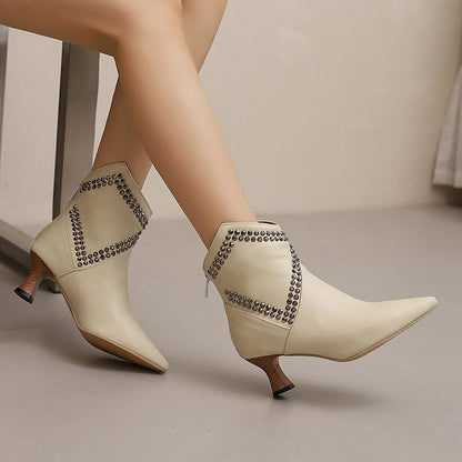 Colorblock Pattern Pointed Toe Rhinestone Decor Ankle Boots