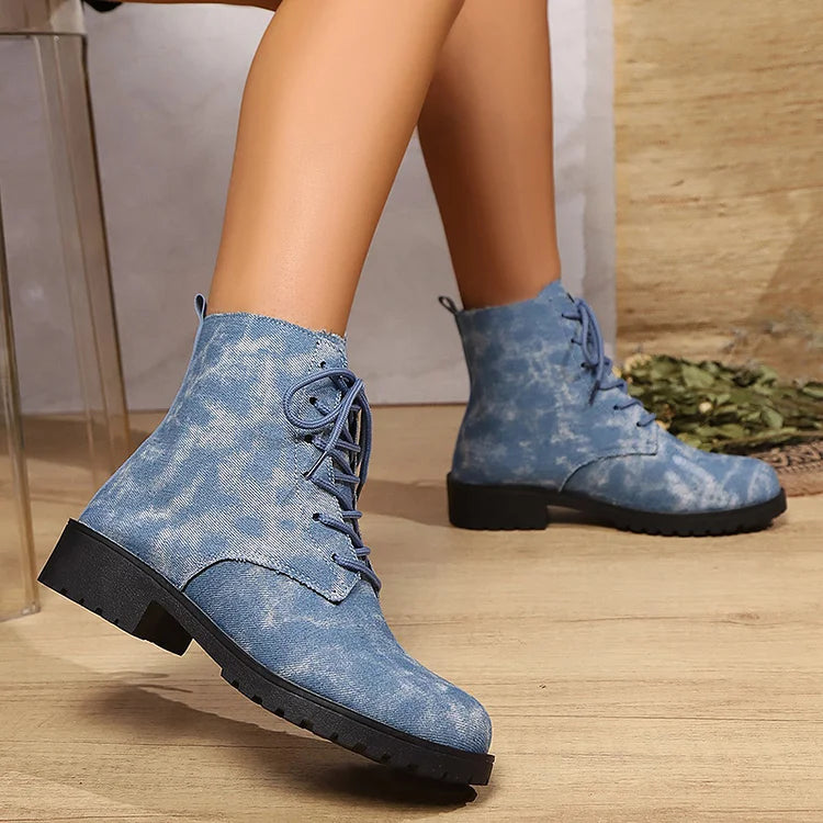 Denim Round Toe Patchwork Chunky Heel Lace Up Ankle Boots