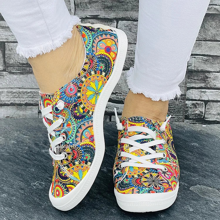 Colorful Round Flowers Print Lace Up Round Toe Casual Shoes