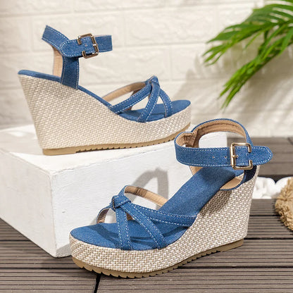 Knotted Quilted Ankle Strap Buckle Denim Platform Wedge Sandals