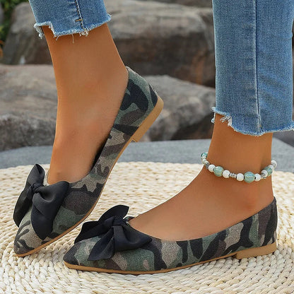 Bow Decor Camouflage Print Pointed Toe Slip On Flats