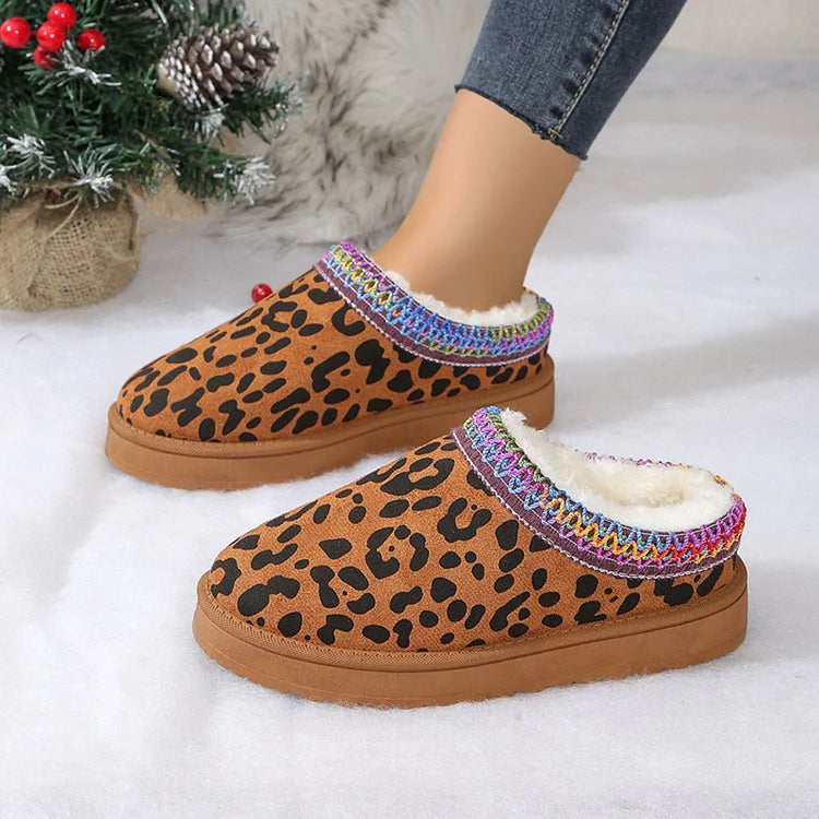 Leopard Print Fleece Lined Multicolor Trim Round Toe Snow Boots