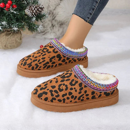 Leopard Print Fleece Lined Multicolor Trim Round Toe Snow Boots