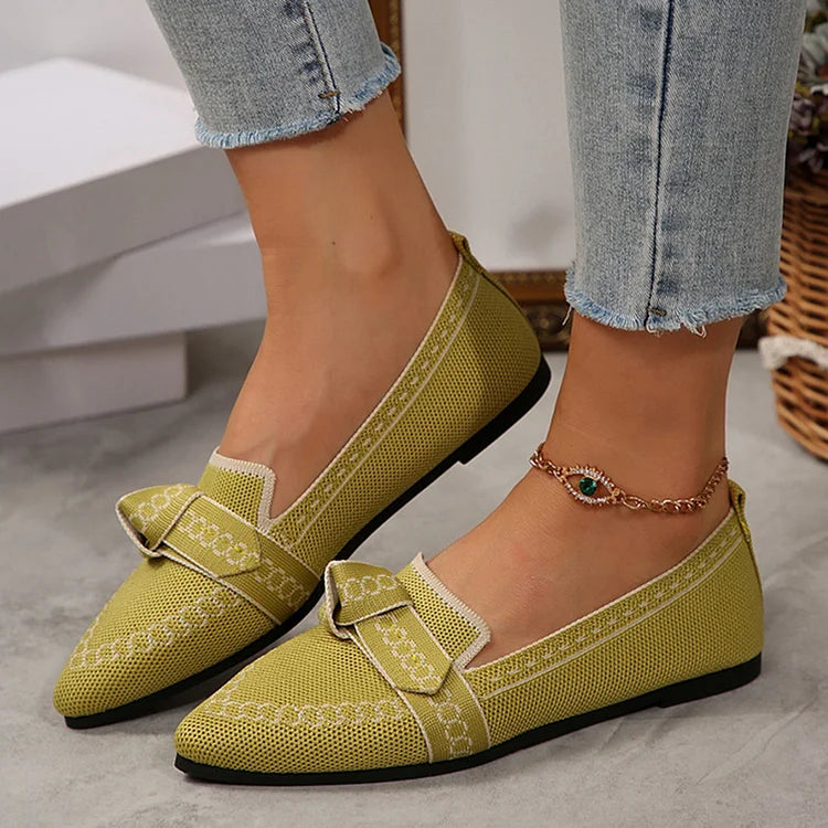 Colorblock Pattern Knitted Pointed Toe Knotted Slip On Flats