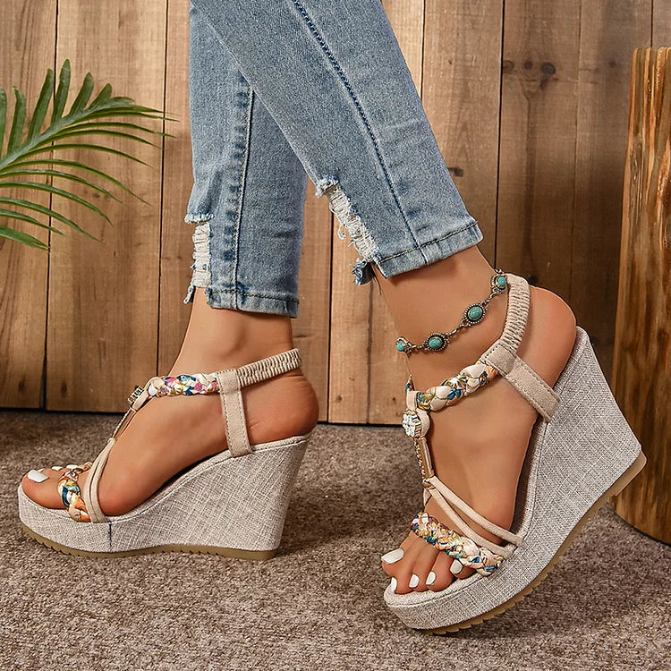 Rhinestone Floral Print Woven Strap Elastic Band Platform Wedge Sandals