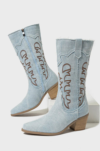 Patchwork Pointed Toe Zipper Embroidery Chunky Heel Denim Mid Calf Boots