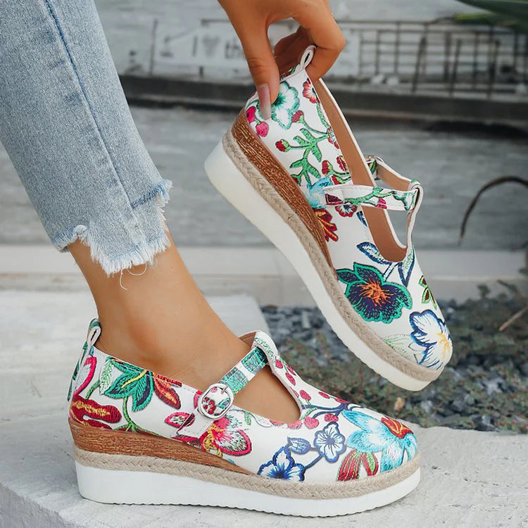 Floral Print Round Toe T-Strap Buckle Wedge Heel Sandals