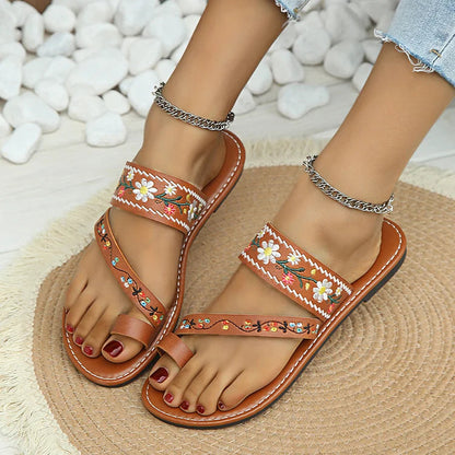 Casual Vacation Floral Embroidery Seam Toe Ring Slippers