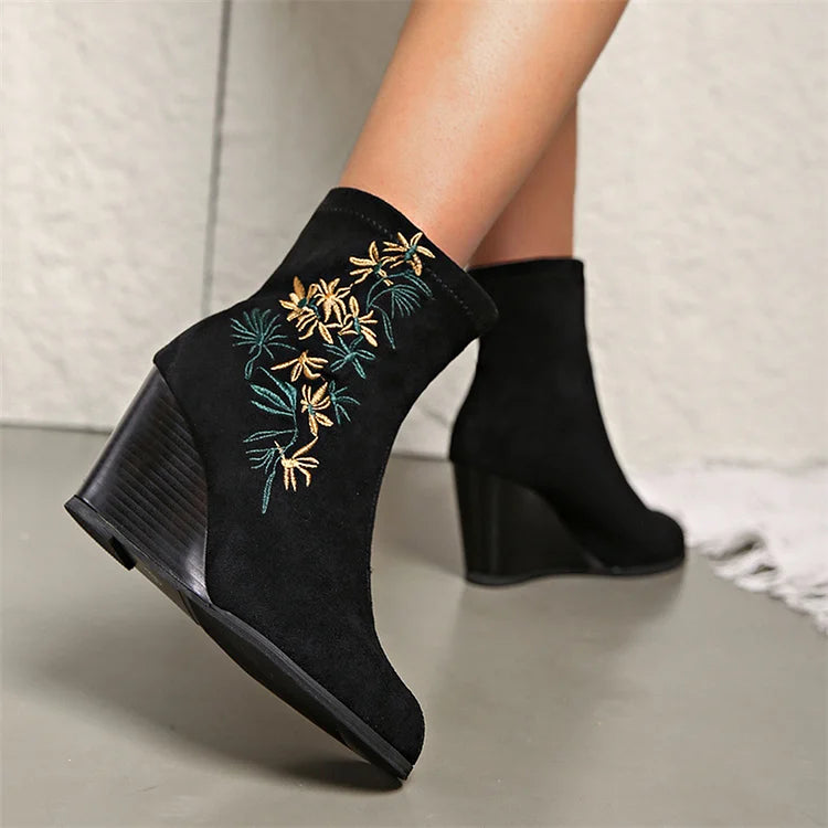 Floral Embroidery Round Toe Wedge Heel Pull On Ankle Boots