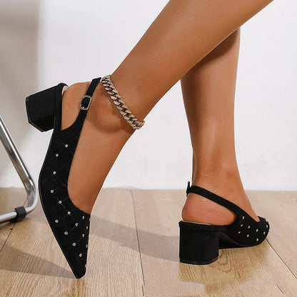 Rhinestone Seam Pointed Toe Buckle Slingback Strap Chunky Heels