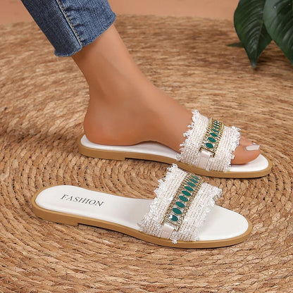 Rhinestone Alloy Chain Decor Frayed Trim Boho Retro Slippers