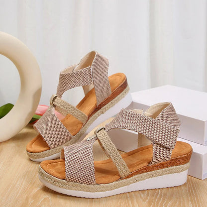 Peep Toe Patchwork Strap Magic Stick Closure Wedge Sandals