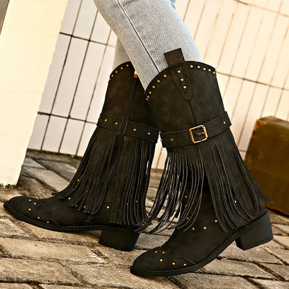 Metal Rivets Fringed Trim Pointed Toe Chunky Heel Mid Calf Boots