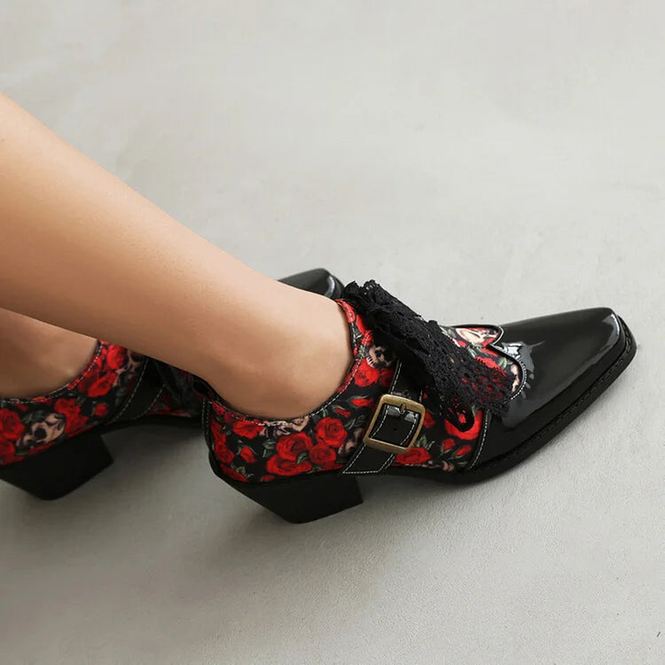 Roses Skull Print Patchwork Tied Up Lace Square Toe Chunky Heel Oxfords