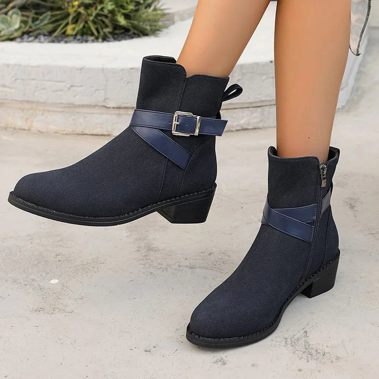 Patchwork Crossover Strap Buckle Pointed Toe Chunky Heel Mid Boots