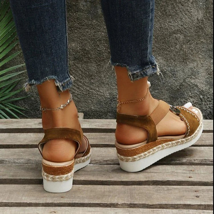 Seam O-Ring Buckle Decor Ankle Strap Platform Wedge Espadrille Sandals