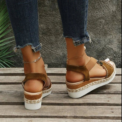 Seam O-Ring Buckle Decor Ankle Strap Platform Wedge Espadrille Sandals