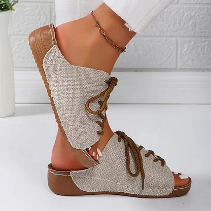 Casual Lace Up Quilted Peep Toe Canvas Wedge Slippers