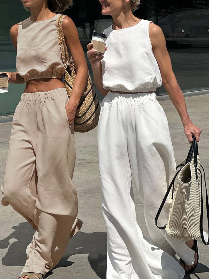 Sleeveless Stretch Waist Top Slit Pants Two-piece Sets