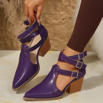 Ankle Cross Straps Buckles Solid Color Pointed Toe Chunky Heels