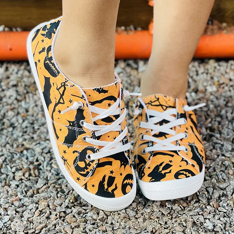 Halloween Pumpkin Bat Print Lace Up Canvas Casual Shoes