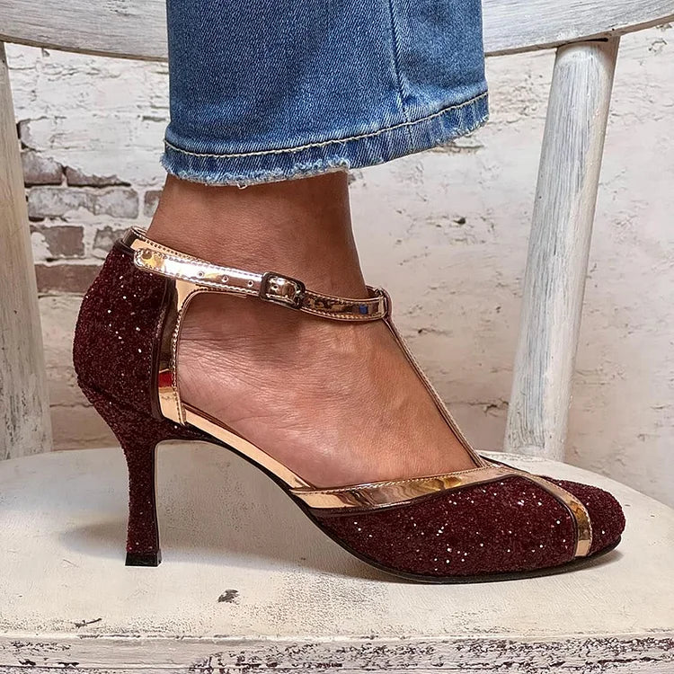 Colorblock T-Strap Buckle Glitter Burgundy Stiletto Heels [Pre Order]