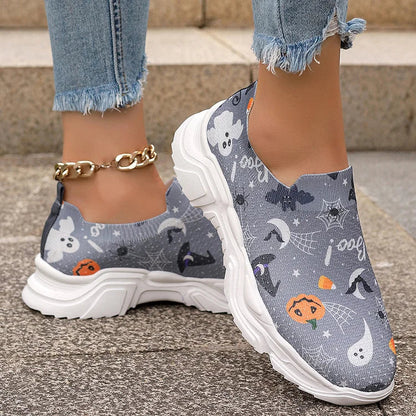 Happy Halloween Floral Skulls Ghost Pumpkin Spider Web Print Slip On Sneakers