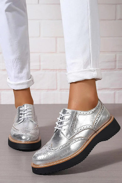 Metallic Sheen Patchwork Round Toe Lace Up Brogue Oxfords