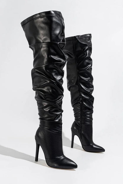 Side Zipper Pointed Toe Stiletto Heel Slouch Over The Knee Boots