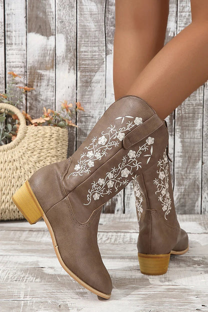 Floral Embroidery Patchwork Round Toe Mid Calf Boots