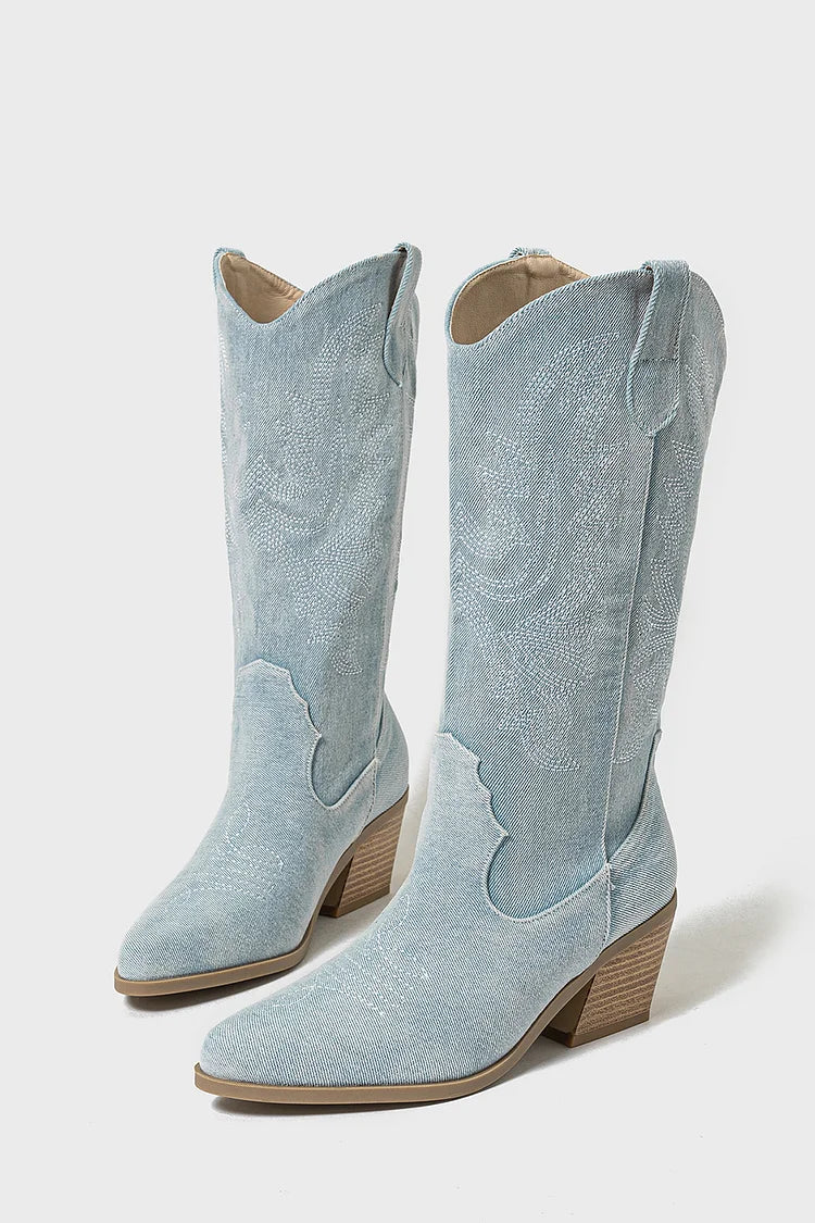 Embroidery Patchwork Pointed Toe Chunky Heel Denim Mid Calf Boots