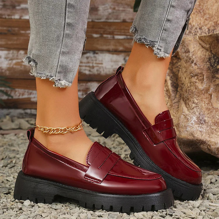 Patchwork Round Toe Low Block Heel Casual Slip On Loafers