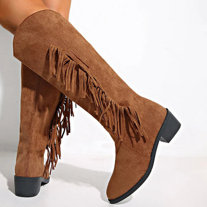 Fringe Patchwork Solid Color Pointed Toe Chunky Heel Knee High Boots