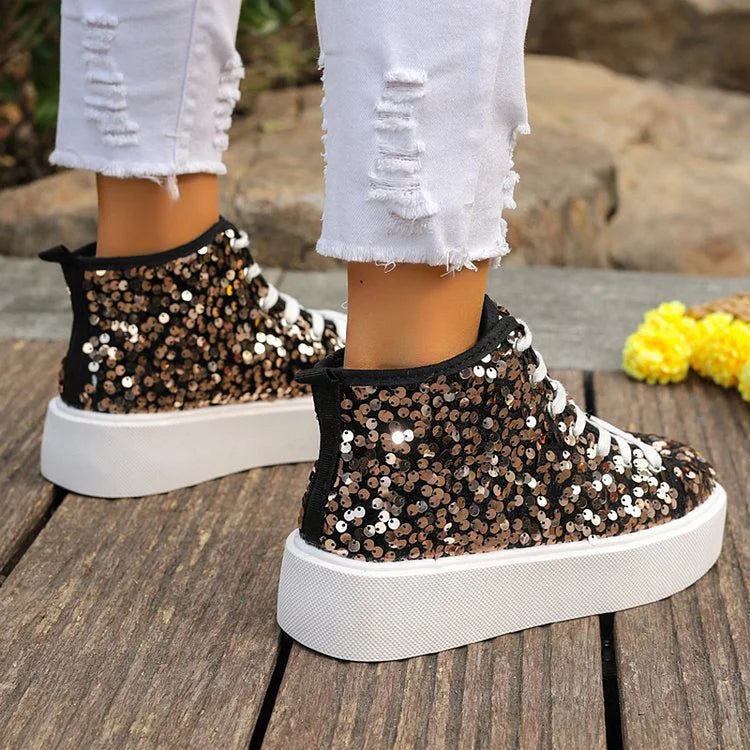 Sequins Decor Round Toe Lace Up Casual High Top Sneakers