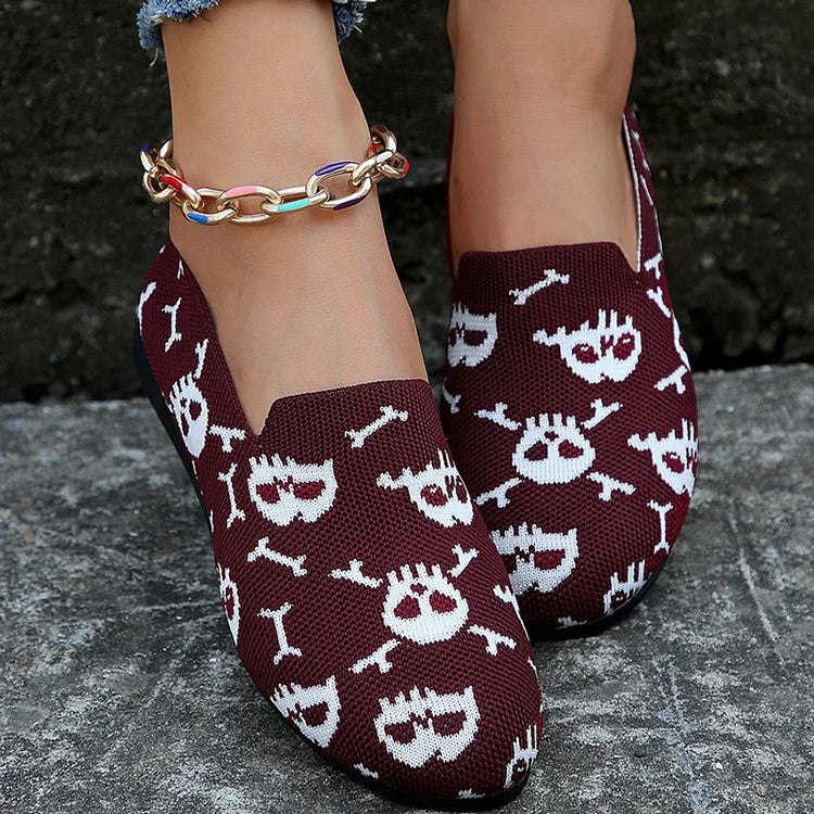 Halloween Skull Pattern Print Round Toe Slip On Loafers