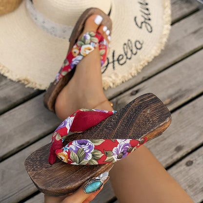 Floral Print Square Toe Flip Flops Wood Grain Slippers