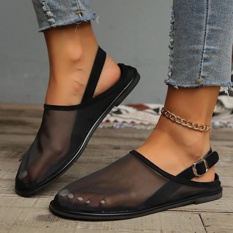 See Through Mesh Slingback Strap Buckle Round Toe Casual Flats