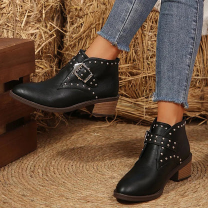 Metal Rivets Decor Patchwork Strap Buckle Chunky Heel Ankle Boots